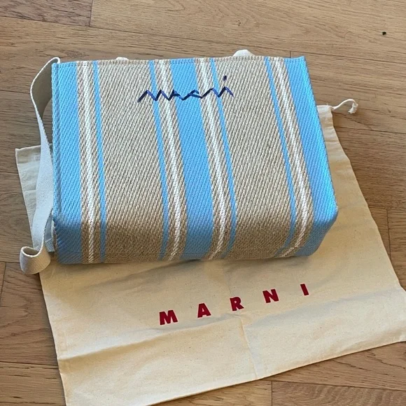 Marni Striped Raffia Tote Beige Blue Woven Crossbody Summer Bag Designer Tote - Picture 3 of 8